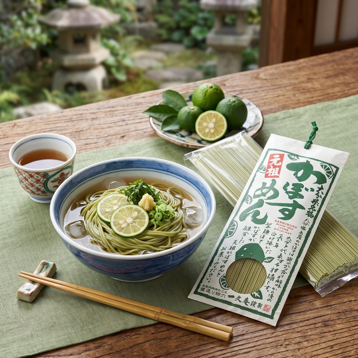 大分特産のかぼすを練り込んだ「かぼす麺」を器にきれいに盛った調理後の画像。爽やかな風味とコシのある麺で、様々なアレンジが楽しめる。