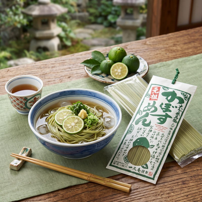 大分特産のかぼすを練り込んだ「かぼす麺」を器にきれいに盛った調理後の画像。爽やかな風味とコシのある麺で、様々なアレンジが楽しめる。