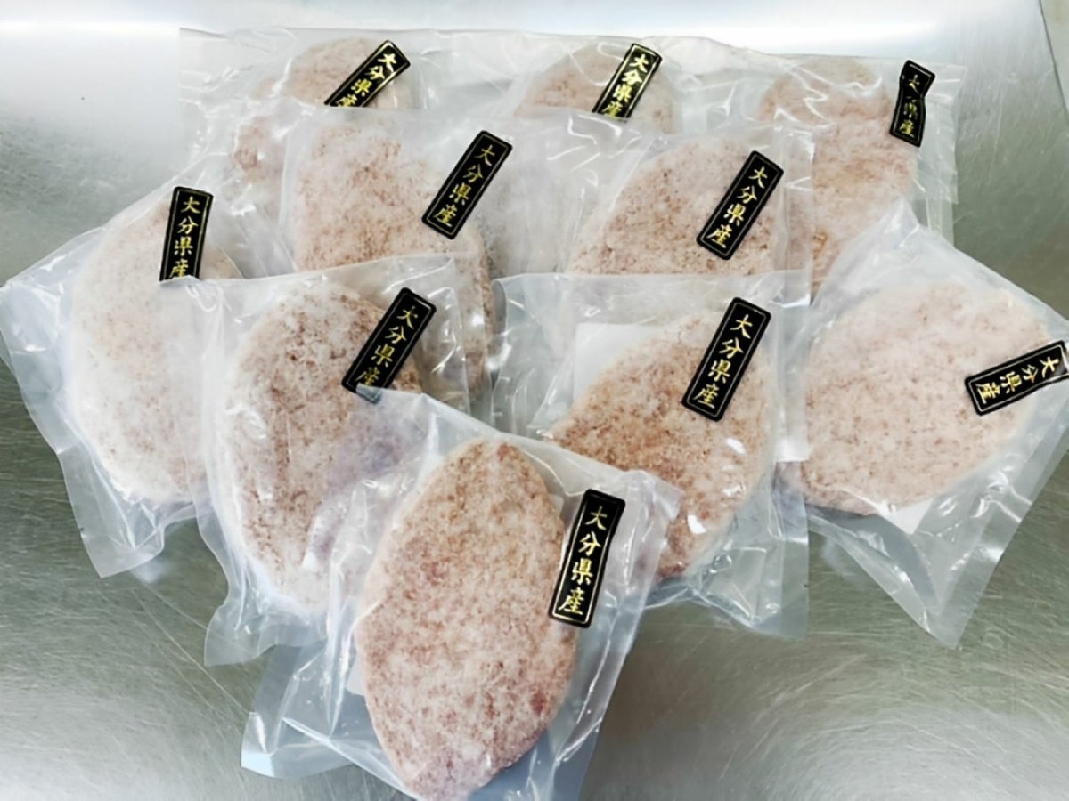 大分県のブランド牛「おおいた和牛（黒毛和牛）」を使用した生ハンバーグ160gが10個入った内容量画像。ご自宅で本格的なハンバーグを大容量で楽しめるお取り寄せセット。