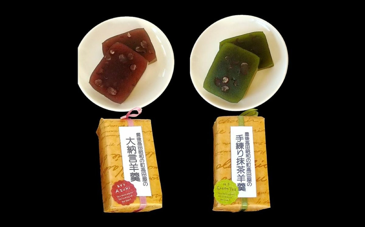 高田屋スペシャルセットに含まれる「本格手練り羊羹」2種（大納言、抹茶）の画像。百年続く醤油蔵の歴史と誇りが詰まった「作品」。