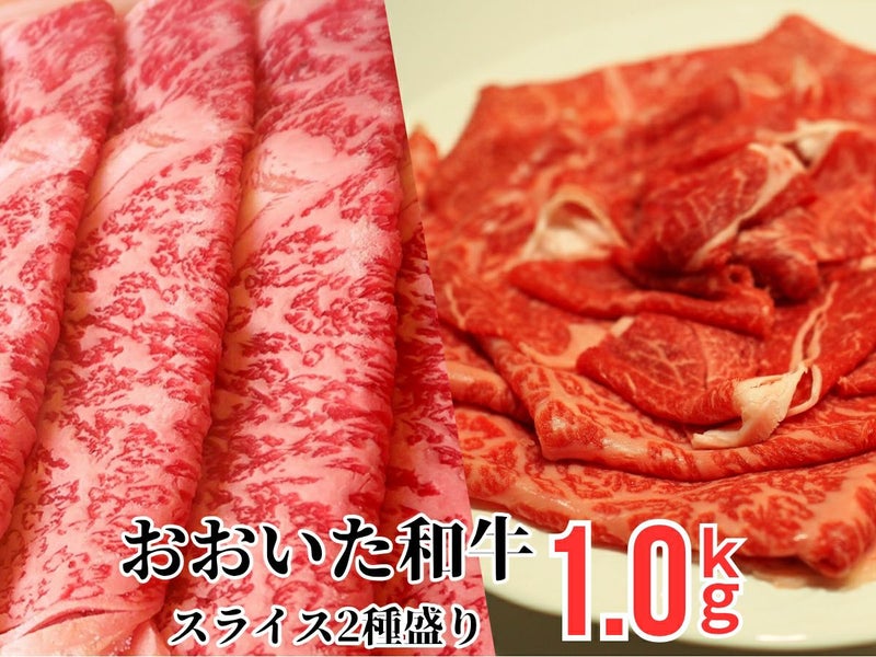 大分県のブランド牛「おおいた和牛（黒毛和牛）」のすき焼き・しゃぶしゃぶ用ロース肉と赤身肉を皿に美しく盛り付けた画像。霜降りのロースと肉本来の旨味がある赤身の食べ比べセット。
