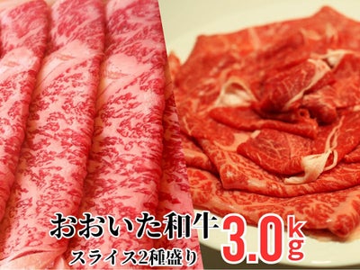 大分県のブランド牛「おおいた和牛（黒毛和牛）」のすき焼き・しゃぶしゃぶ用ロース肉と赤身肉を皿に美しく盛り付けた画像。霜降りのロースと肉本来の旨味がある赤身の食べ比べセット。