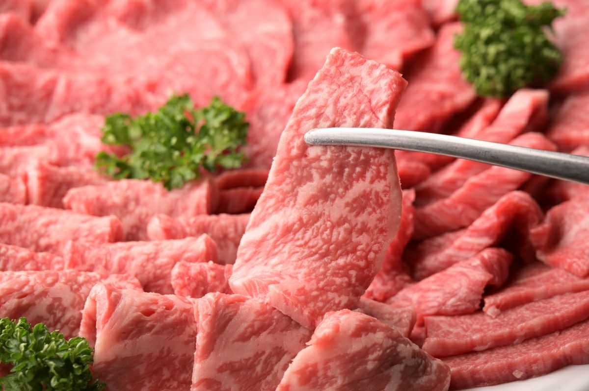 大分県のブランド牛「おおいた和牛カルビ」の美しい霜降りの一切れをトングで持ち上げているアップ画像。焼肉に最適な肉の厚みと、高級感が伝わる。