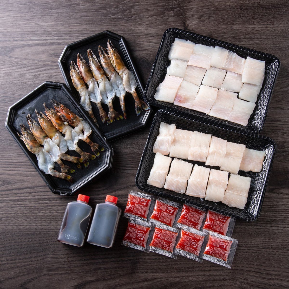 大分県産の車海老と鱧（ハモ）を組み合わせた豪華しゃぶしゃぶセットの内容量画像。海老とはもの両方を楽しめる鍋セットを通販でお取り寄せ。