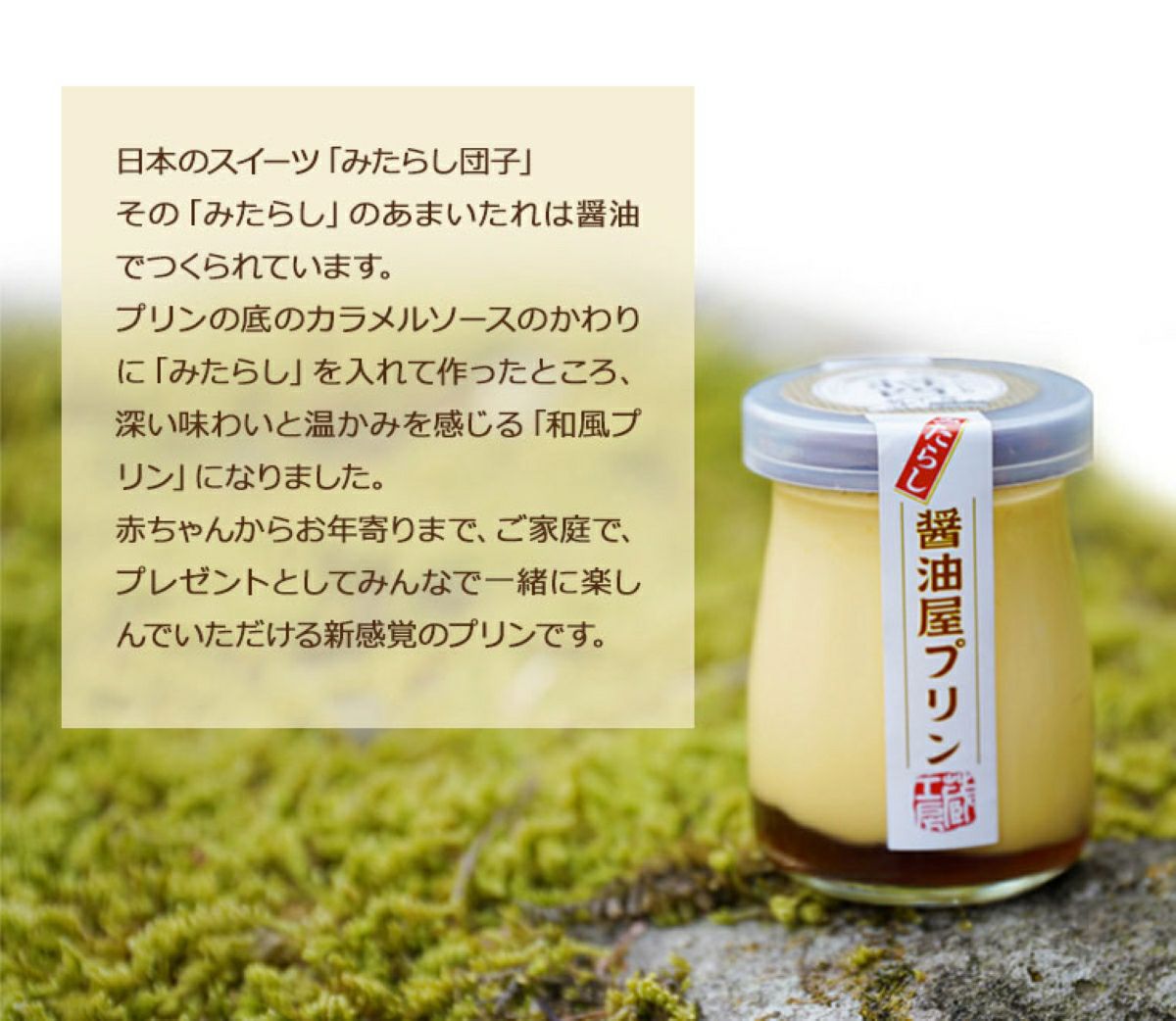 日本の伝統的なスイーツソース「みたらし醤油」を使った、新感覚の和風プリンの魅力を伝える説明ボードの画像。醤油屋の技術が詰まった、甘じょっぱい味わいをアピール。