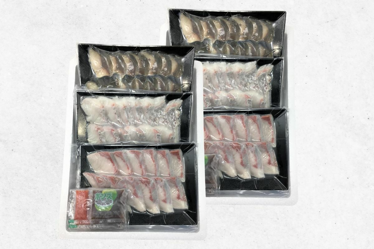 九州産の新鮮な魚介を使った「海鮮たたきセット」の詰め合わせ画像。大分含む九州の海の幸をお取り寄せ、通販で手軽な海鮮丼に。