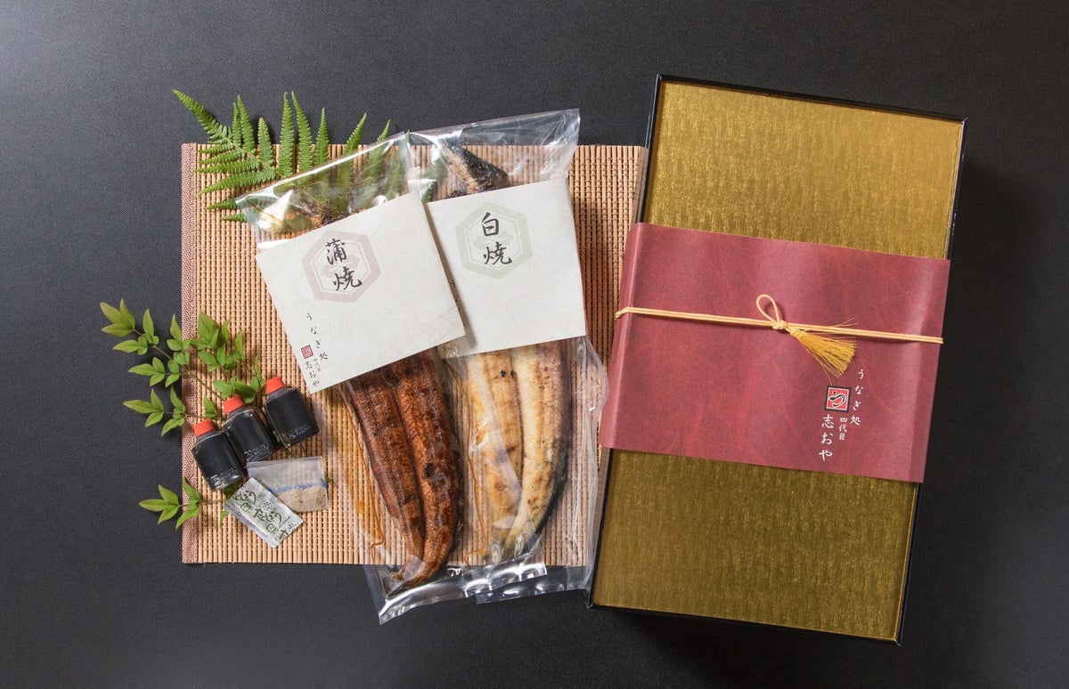 【志おや 蒲焼白焼計二本セット】（タレ・鰻塩・化粧箱付）