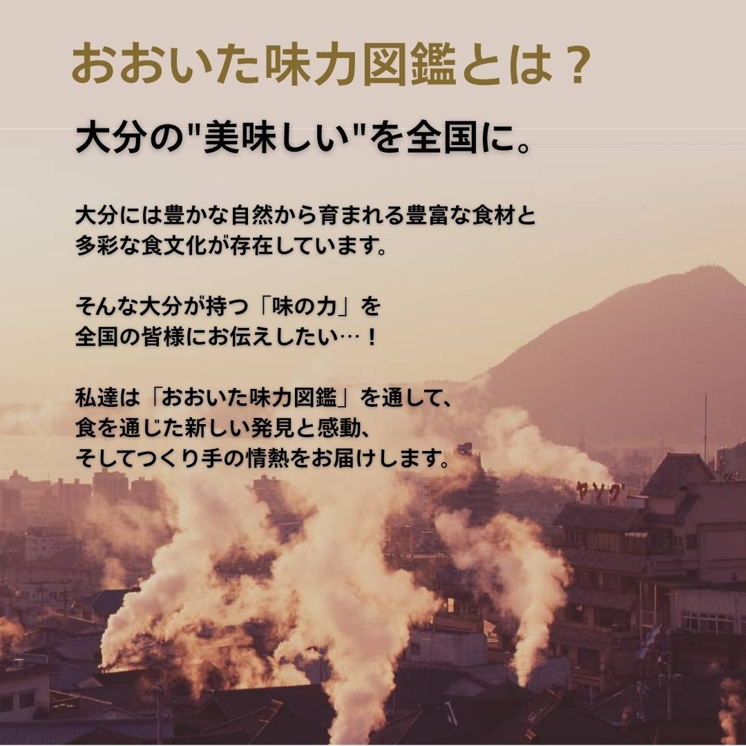 大分県の温泉街に立ち上る湯けむりを背景にした、産直ECサイト「おおいた味力図鑑」のブランドコンセプト。大分の食の魅力を全国へ届けるメッセージ